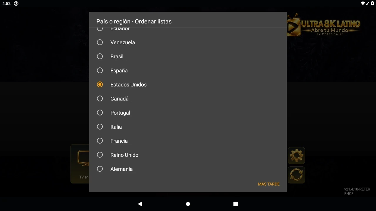 Selector de país y región · captura real de v21.4.10